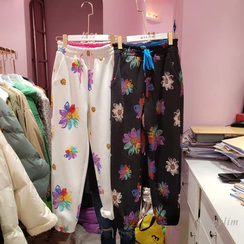 Iarna Flori de Pantaloni pentru Femei Nou Imprimate Vrac Fleece Gros Casual pantaloni de Trening Trendy, de sex Feminin Elevii de Toate-Meci Pantaloni
