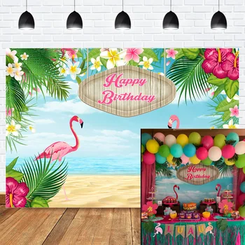 La mulți ani Flamingle Flamingo Hawaiian Petrecerea de Ziua Banner de Fundal Plaja Tropicala sau Aloha Petrecere Desert Fundaluri de Masă