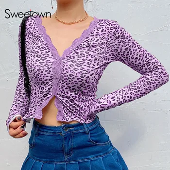 Sweetown Dantelă Margine Leopard Femei Drăguț Cardigan Bluza De Moda Vintage, Haine De Toamna V Adânc Gât Subțire, Cu Maneci Lungi Decupate Tricouri