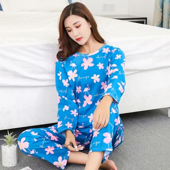 Pijama Seturi Pentru Femei Florale Imprimate Elegant Rotund Gat Femei De Înaltă Calitate Coreea Style Moda Noua Ulzzang Sleepwear Breathabale