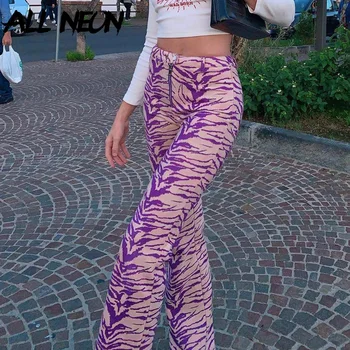 ALLNeon Harajuku Model Zebra Flare Pantaloni Y2K Estetica Fermoar Talie Mare Pantaloni Vintage E-fata 90 de Moda Violet Fund