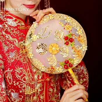 HIMSTORY Tradițională Chineză Nunta Buchet de Mireasa Fan Aur Roșu Flori cu Margele Vechi Mireasa Suport de Mână de Fani pentru a Acoperi Fata