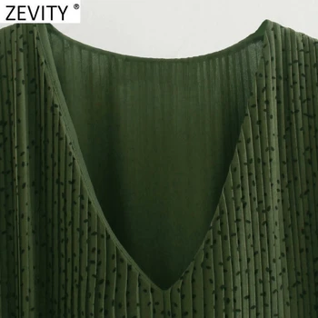 Zevity 2021 Femei Elegante V Gât Puncte Print Casual Slim Midi Plisata Rochie Chic Feminin Puff Maneca Eșarfe O Linie Vestido DS4996