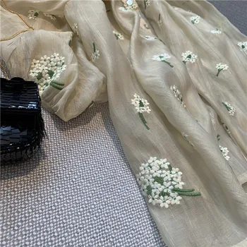 Trei-dimensional Ruched gol Butoane Plasă de broderii florale rochie Mini femeii puff sleeve V-Neck vara Rochie de sex feminin