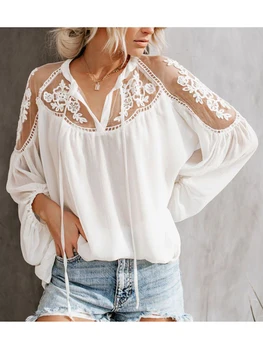 Bluza de vara pentru Femei V-Neck Casual Dantela Plasă de Coasere Maneca Lunga Perspectiva Ruched Bluza blusas mujer de moda 2019* q