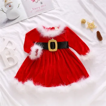 Crăciun Copii Fete Copii Fleece Dress O-Gat Maneci Lungi Înaltă Talie Fusta cu Fermoar Spate Petrecere de Pageant Rochii de Mos craciun, 6M-4Y