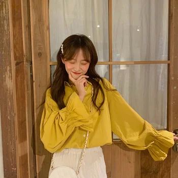 Femeile Primăvară Dulce Bluza Tricouri Moda coreeană de Turn-down Guler Lung Flare Sleeve Culoare Solidă Chic Stil Kawaii Blusas pentru Fata