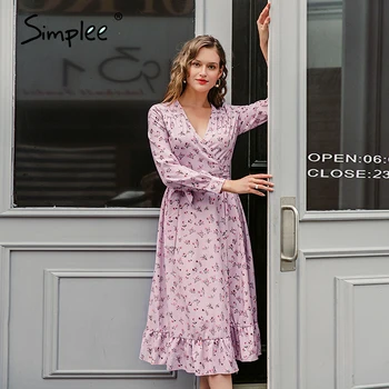 Simplee Elegant roz violet de toamna iarna pentru femei rochie de Dantelă cu maneci lungi rochie de imprimare de Cauzalitate v-gât adânc o-linie rochie de sex feminin 2020