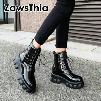 ZawsThia alb negru brevet PU platforma din piele femei pantofi pene dantelă sus cizme motocicleta femei cizme glezna mare dimensiune 44 45 46