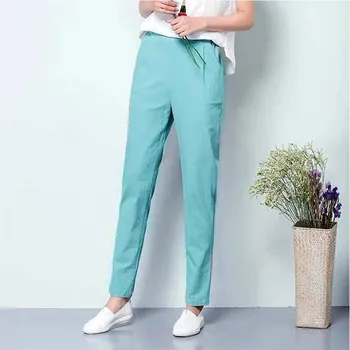De Vară 2020 Femei Casual OL Glezna Lungime Pantaloni de Primăvară Solidă Talie Elastic Lenjerie de pat din Bumbac Pantaloni Plus Dimensiune M-7XL Negru Bej