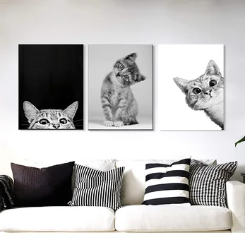 Pisica Drăguț Negru Și Alb Pisoi Animale Tablou Canvas Wall Art Ins Nordic Minimalist Desene Animate Dormitor Living Room Decor Acasă