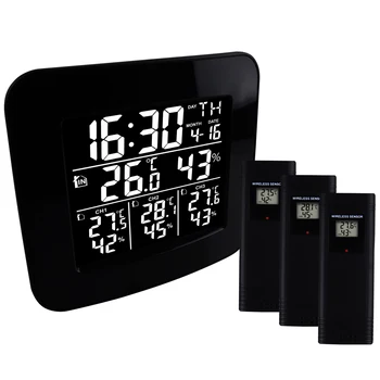 Higrometru Digital de Interior, în aer liber Temperatură și Umiditate Monitor cu 3 Senzori Wireless, °C/°F Negru LED Display, Alarma