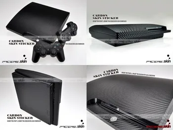 Fibra de Carbon negru de Vinil Piele Autocolant Protector pentru Sony PS3 Slim PlayStation 3 Slim si 2 controller piei de Autocolante