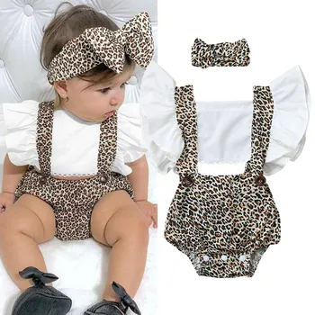 Bumbac Baby Girl Haine de Vara Dublu de Tifon Copii Zburli Romper Salopeta Bandana Print Leopard Costum Pentru Nou-ropa bebe