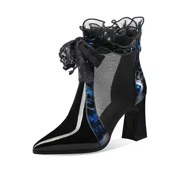 Plasă de Sandale Cizme Femeie 2020 Tocuri Glezna Cizme de Vara a Subliniat toe Dantela Sexy Pantofi pentru Femei Vin Albastru-rosu