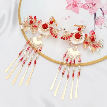 2 buc Chineză tiara Floare Roșie Perla ventilator de Mână Ciucure Agrafele de Par pentru Mireasa Caciulita Nunta Accesorii de Par, Bijuterii