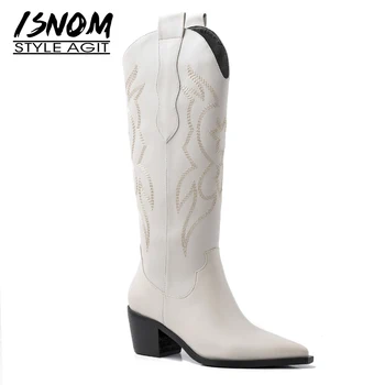 ISNOM Vest Cizme Femei la Jumătatea Vițel Cizme Femeie Subliniat de la Picior Toc Gros Pantofi Femei Piele de Vacă Pantofi de Cusut Doamnelor Iarna 2020