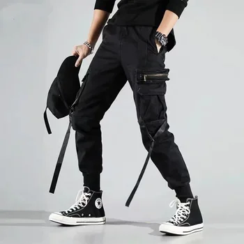 Streetwear Casual Joggeri Barbati din Bumbac Slim Black Mens pantaloni de Trening Pantaloni Panglici Buzunare Glezna-lungime Pantaloni Harem Om