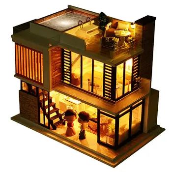 Papusa Casa Diy in Miniatura din Lemn Miniaturas Mobilier casă de Păpuși Piscină Clădire villa Truse de Jucarii pentru copii