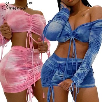 Simenual Tie Dye Print Cordon Sexy Co-ord Seturi de Femei cu Maneci Lungi Ruched Sexy 2 Bucată de Costume de Club Bodycon Set Top Si Fusta