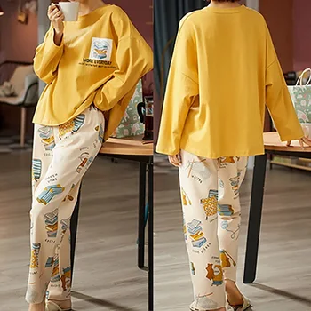 Femei Print Set de Pijama Set de Doua Bucati Maneci Lungi Rotunde Gât Top Vrac Elastic Talie Pantaloni pentru Femei Homewear Moale Tricou+pantaloni