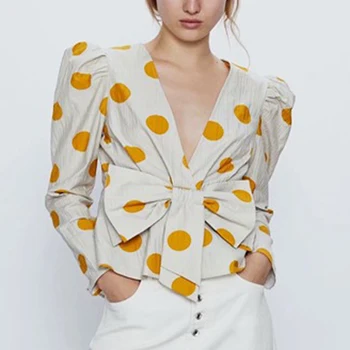 TEELYNN galben cu buline bluze topuri femei vintage puff maneca lunga sexy v-gât adânc 2020 toamna bluza tricou Dulce arc blusas