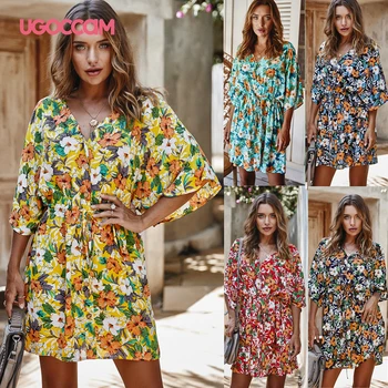 UGOCCAM Femei Rochii de Vară 2020 Sexy V Gât imprimeu Floral Rochie Casual pentru Femei pe Jumătate Maneca O Linie Rochie Vestidos de festa