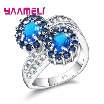 Albastru Dulce Floare De Cristal Rotund Geometric Stil De Moda Bijuterii Inel Argint 925 Cubic Zirconia Pentru Femei Partid