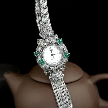 Jade Înger argint 925 Grâu lanț de Femei Ceas de Argint 925 Thailanda Stil Vintage Deschide Sinteza Onix Verde Marcasite W
