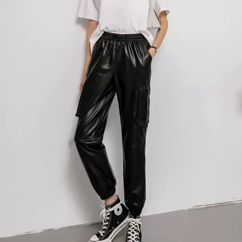 Femei Pantaloni Autentice Din Piele De Oaie 2020 Moda Autentică De Oaie Din Piele Cultură Blugi Curea Elastic Talie Pantaloni H718