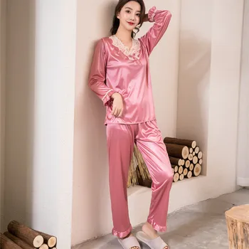 Foply Moale Faux Pijamale de Mătase pentru Femei Maneca Lunga, Pijamale Broderie V-gât Guler Homewear Dot Dungi de sex Feminin Pijamale, îmbrăcăminte de noapte