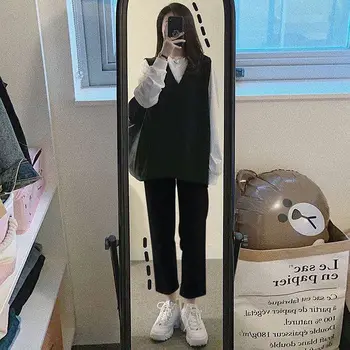 Femei Seturi De Elevi Solid Stil Preppy Negru Veste Vrac Pantaloni Casual Simplu Harjuku Alb Hanorace Coreean De Zi Cu Zi Ulzzang Trendy