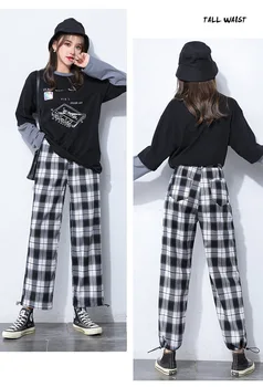 2020 Harajuku Pantaloni Casual pentru Femei Talie Elastic Carouri Largi Picior Pantaloni Femei Elevii Simplu Chic Trendy Lady All-meci Pantaloni