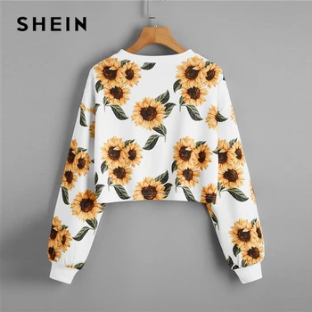 SHEIN Picătură Umăr de Floarea-soarelui Culturilor Imprimare Pulover Femei Tricou 2020 Toamna cu Maneca Lunga Casual, Bluze Topuri