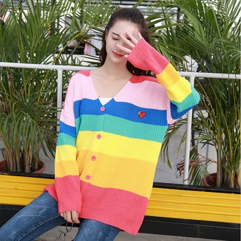 Primăvara și toamna anului 2020 nou Rainbow Stripe V-neck elastic tricot vrac haina cardigan femei pe net pulover roșu B-137