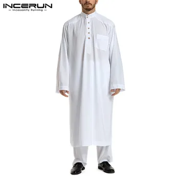 INCERUN Moda Musulmană Seturi Barbati Maneca Lunga Stand Guler Echipa Caftan Elastic Pantaloni Costume Barbati Solid arabe Islamice Îmbrăcăminte 5XL