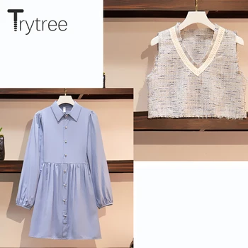 Trytree 2020 Primavara Toamna Femei din Două Piese Set Casual V-neck Top Vesta + Rochie Singur Pieptul Bluza a-line Rochie 2 Bucata Set