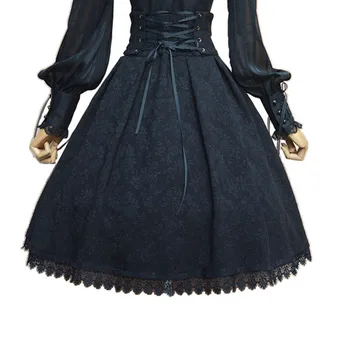 Epocă Gotică Talie Inalta Din Bumbac Jacquard Fusta Victorian Costum Pentru Femei Lolita Midi Trupa S-Au Adunat Talie Dantelă-Up Pentru Doamna Fete