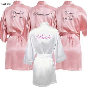 C&Fung roz inchis halat de culoare gri-fer scris de domnisoara de onoare kimono satin halat de nunta Neglijeu Femme sora mama miresei robe