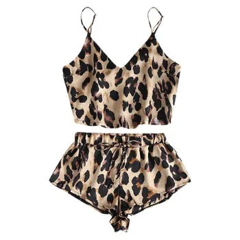 Femei Pijamale Simulare de Mătase Leopard cămașă de noapte Sexy si Damele de Două piese de îmbrăcăminte de noapte de Somn Acasă Sling Casual Pijamale Plus Dimensiune S1
