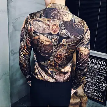 2019 Brand de Moda de Oameni de afaceri Cămașă de Aur de Lux Imprimate Tricou Slim Fit de sex Masculin Masculina Trend Long Sleeve Dress Shirt S-3XL