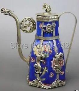 Rafinat de cupru veche de colectie Argint Tibetan China Porțelan Albastru Dragon Leopard ceainic Ceainic de Epocă pentru Bărbați Tradiționale