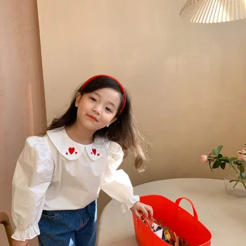 Fete Bluza 2021 Primavara pentru Copii Îmbrăcăminte de Modă Inima Imprimare Tricouri de Bumbac Fată Copil Drăguț Maneca Lunga Papusa Guler Topuri