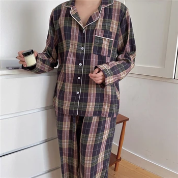 Iubitorii coreeană carouri seturi de pijamale cu maneca lunga bucata set de toamnă cuplu homesuits femei barbati topuri și pantaloni 2 bucati de somn purta L014