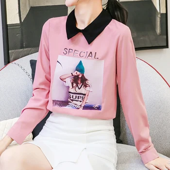 Toamna 2021 Casual Șifon Bluze Pentru Femei Cu Maneci Lungi Guler De Pan Peter Imprimare Drăguț Pentru Femei De Moda De Îmbrăcăminte Pentru Femei Topuri 5701 50