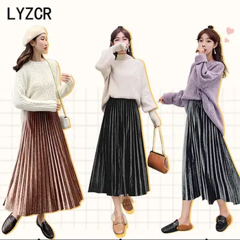 LYZCR Toamna Iarna Fuste Plisate Pentru Femei Talie Inalta Fusta Lunga Femei coreea Style Catifea Femei Negru Fusta Tul 2020